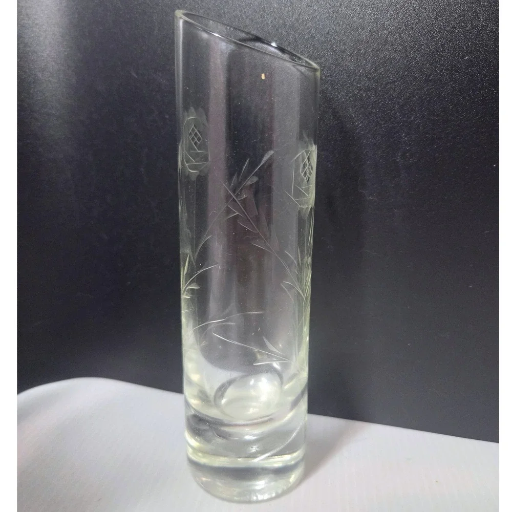 Vintage Etched Glass Rose Bud Vase Slanted Rim Floral Cut Design